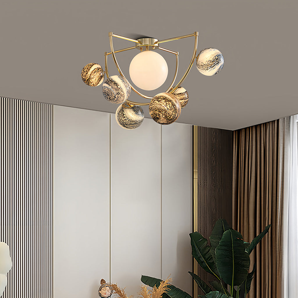 Gold Semi Flush Ceiling Light - Minimalist Planet Art Design, Modern Lighting Fixture for Home Decor