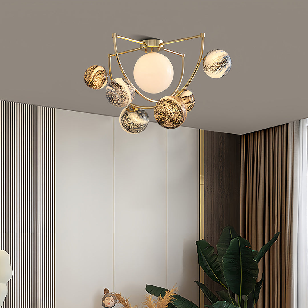 Gold Semi Flush Ceiling Light - Minimalist Planet Art Design, Modern Lighting Fixture for Home Decor