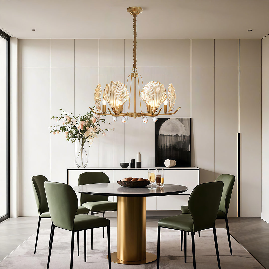 Shell Chandeliers Modern Copper Glass Ceiling Light - Elegant Lighting Fixture for Home Decor, Contemporary Design, Stylish Pendant Lamp, Unique Shell Shape, Warm Glow Illumination