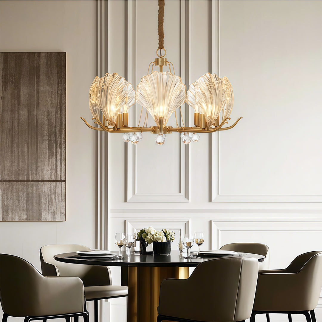 Shell Chandeliers Modern Copper Glass Ceiling Light - Elegant Lighting Fixture for Home Decor, Contemporary Design, Stylish Pendant Lamp, Unique Shell Shape, Warm Glow Illumination