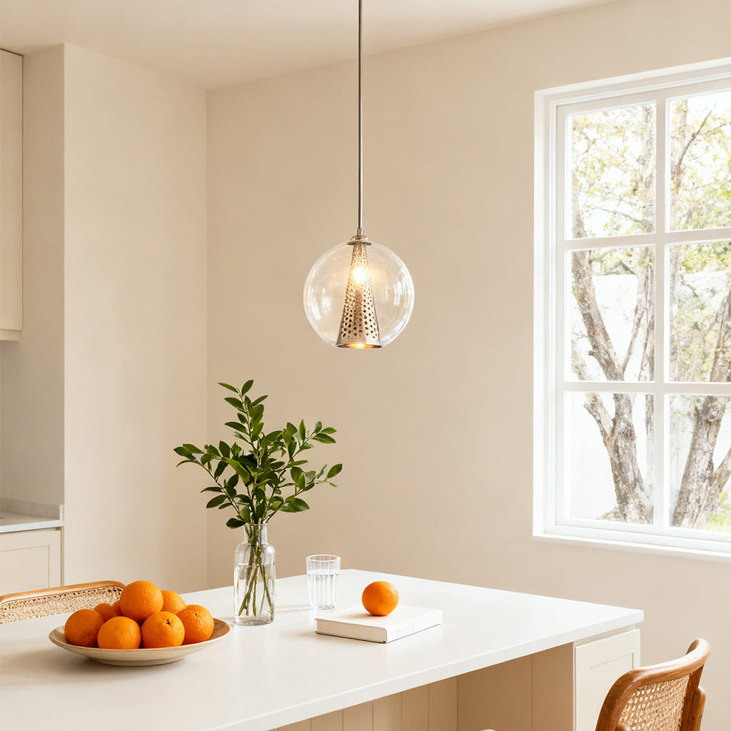 Glass Ball Pendant Light - Perforated Metal Cone Ceiling Fixture, Chic Modern Lighting