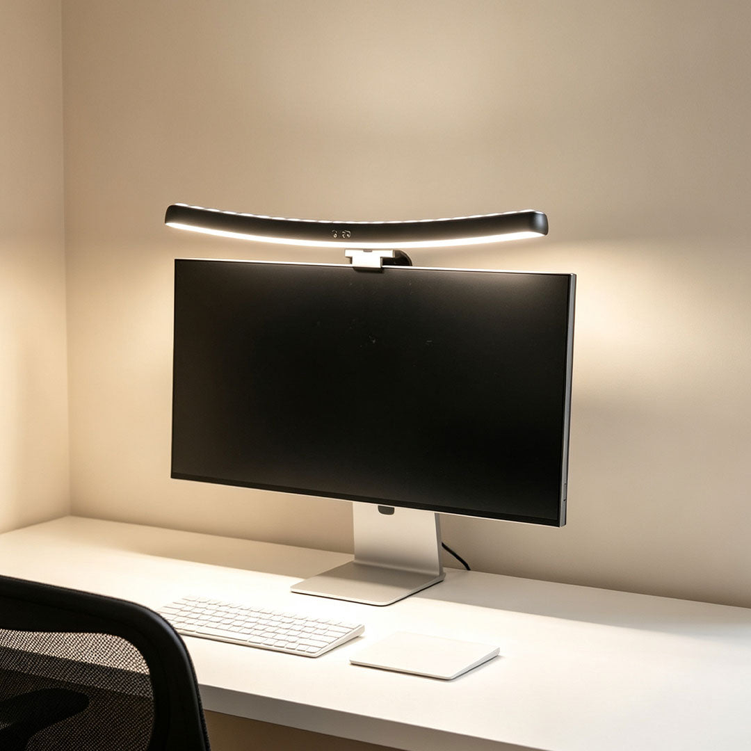 Black Curved LED Desk Lamp - Modern Eye-Care Monitor Light 

This sleek, black modern table lamp features an extended curved design specifically for eye-care. Ideal for desk setups, it provides optimal lighting for reading and working at your extended cur