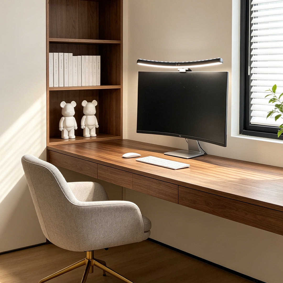 Black Curved LED Desk Lamp - Modern Eye-Care Monitor Light 

This sleek, black modern table lamp features an extended curved design specifically for eye-care. Ideal for desk setups, it provides optimal lighting for reading and working at your extended cur