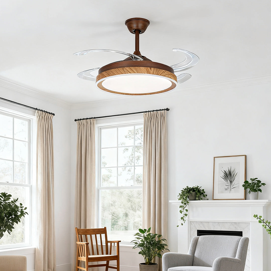Ceiling Fan with 4 Lights - Walnut Wood Grain, Silent Iron Body Lamp