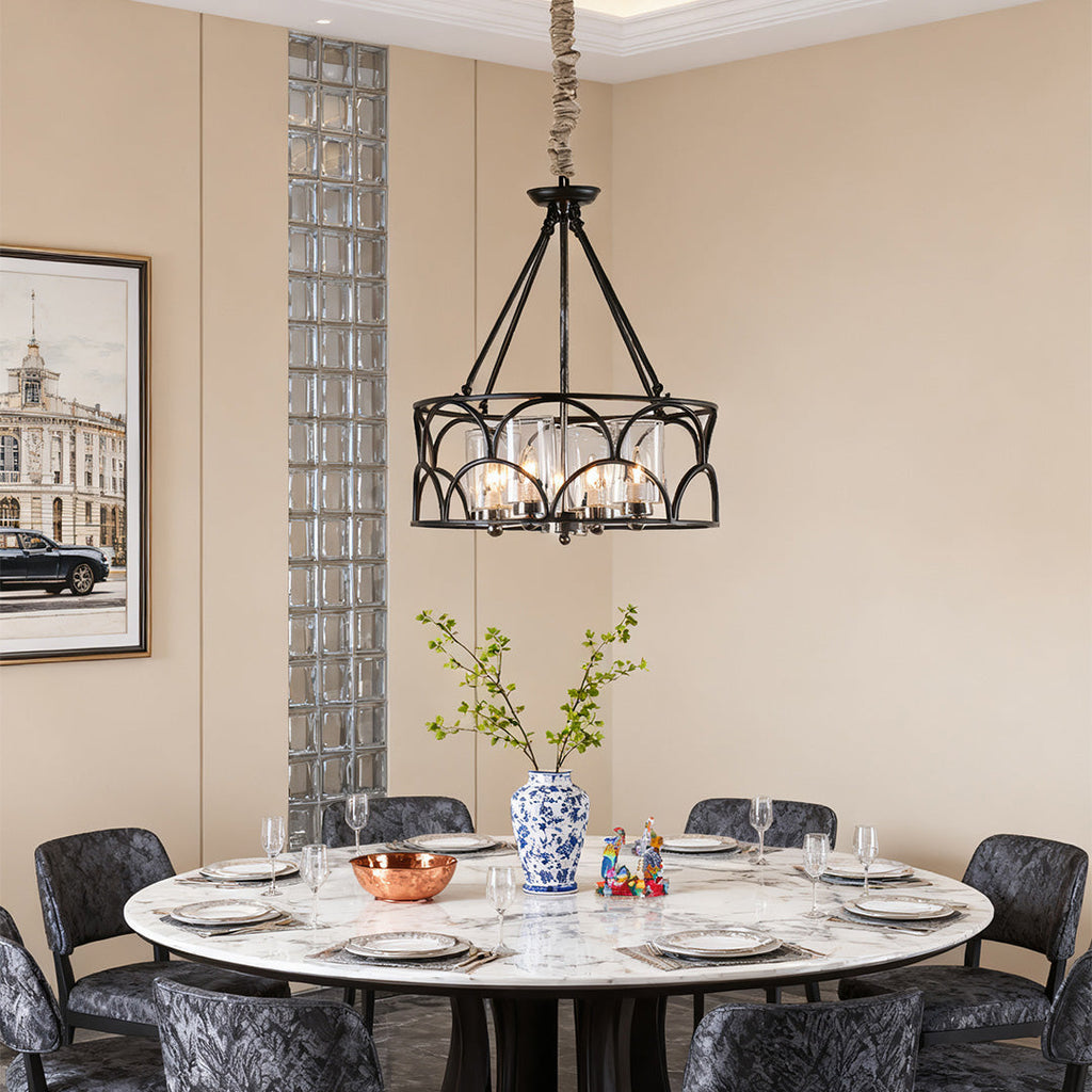 Vintage Black Metal Glass Chandelier Ceiling Light