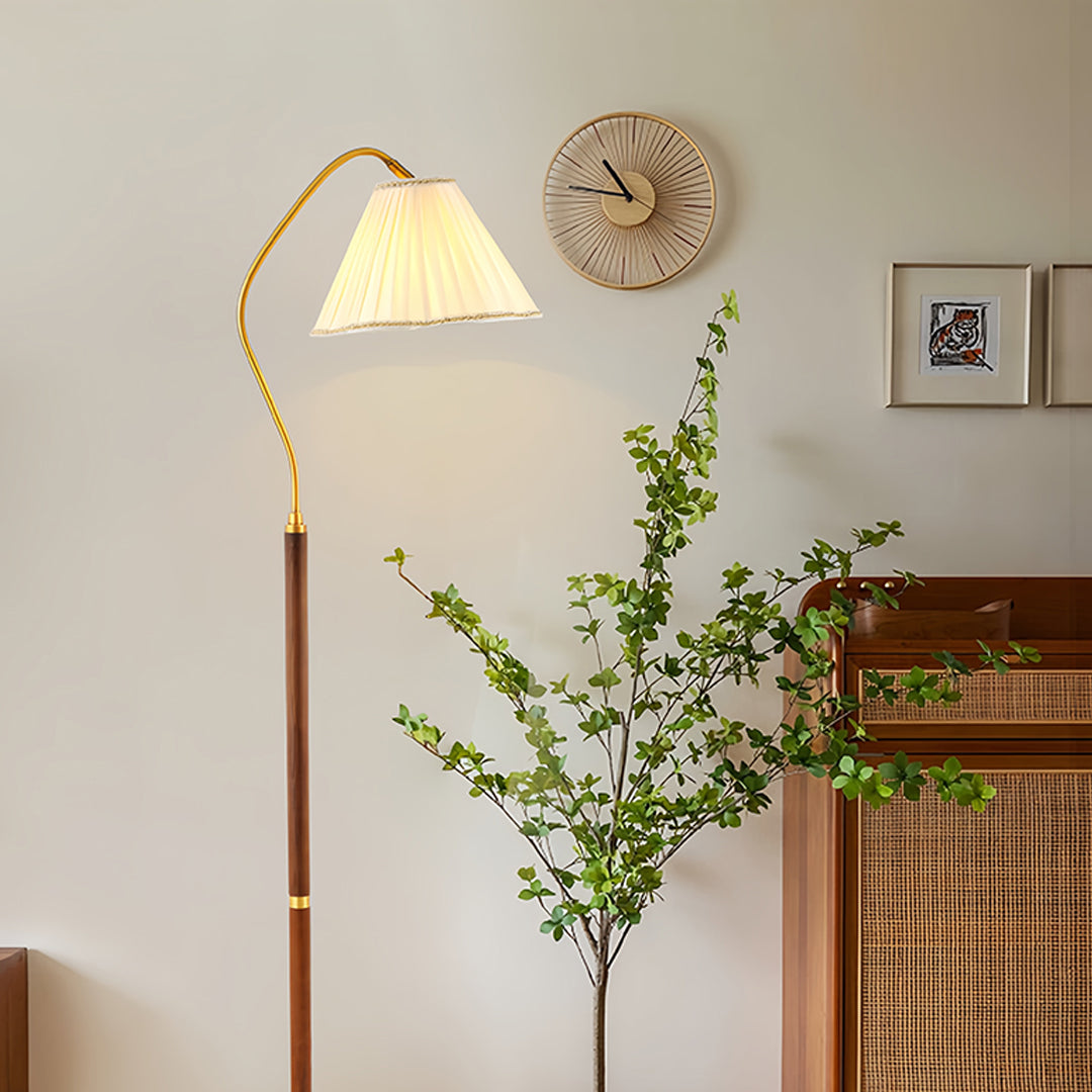 Walnut Floor Lamp with Fabric Shade - Elegant American Retro Standing Lamp