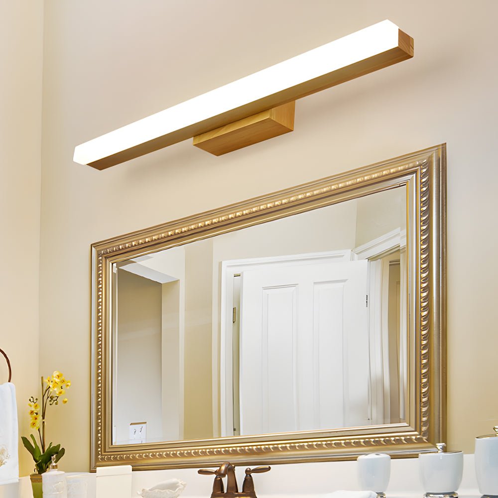 Modern Wooden LED Vanity Light Rectangular Wall-Mount Bathroom Lighting Fixture, Contemporary Design for Home Decor, Energy-Efficient LED Vanity Lighting, Stylish Wood Accent Wall Light, Bathroom Mirror Lighting, Sleek Modern Bathroom Vanity Light, Rustic