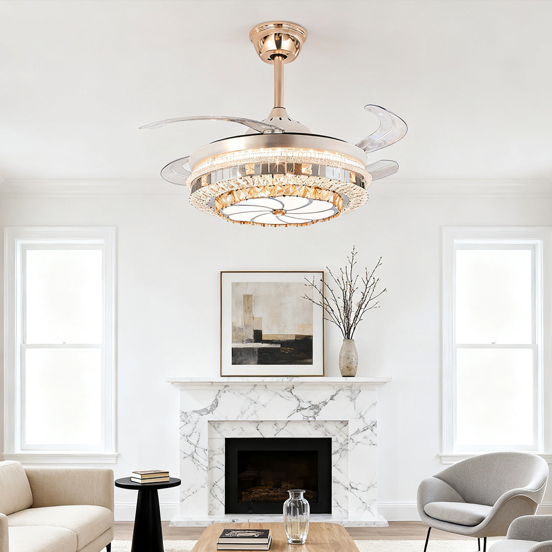 Gold Crystal Design Ceiling Fan with Light - 4-Blade Invisible Lamp