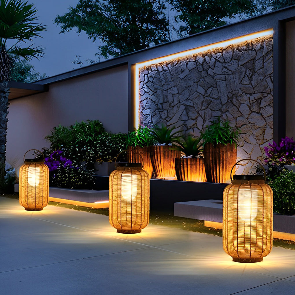 Outdoor Rattan Lantern Portable LED Solar Light Waterproof