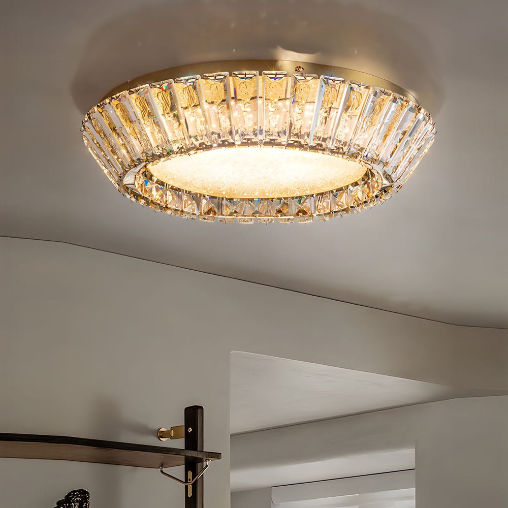 Quicksand Drum Crystal Chandelier - Flush Mount Titanium Gold Ceiling Light
