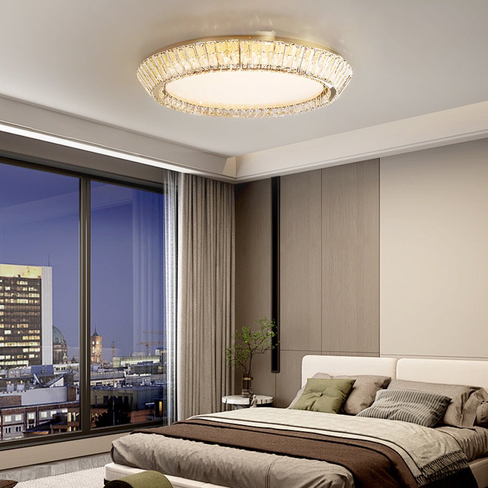 Quicksand Drum Crystal Chandelier - Flush Mount Titanium Gold Ceiling Light