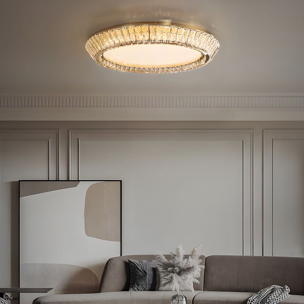 Quicksand Drum Crystal Chandelier - Flush Mount Titanium Gold Ceiling Light