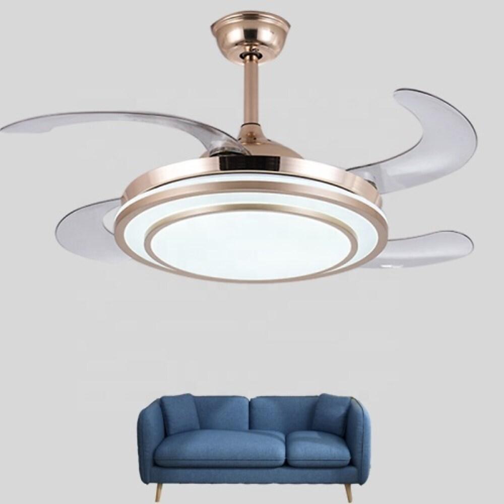 4 Blade Gold Finish Retractable Ceiling Fan Chandelier with LED Light