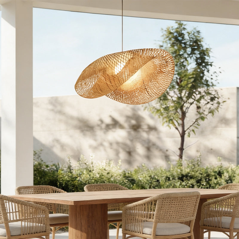 Rattan Wave Pendant Light - Modern Rustic Bamboo Ceiling Fixture