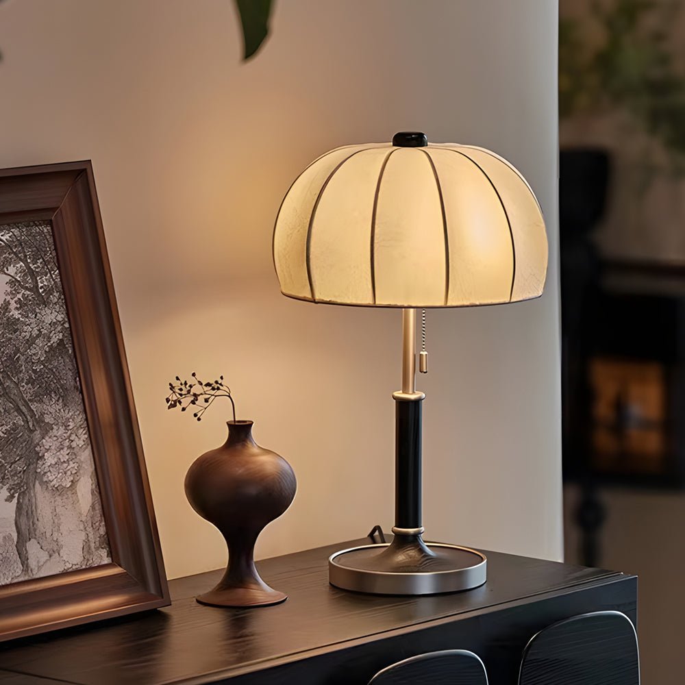 Vintage Brass Dome Pull Chain Fabric Table Lamp - Retro Lighting Fixture