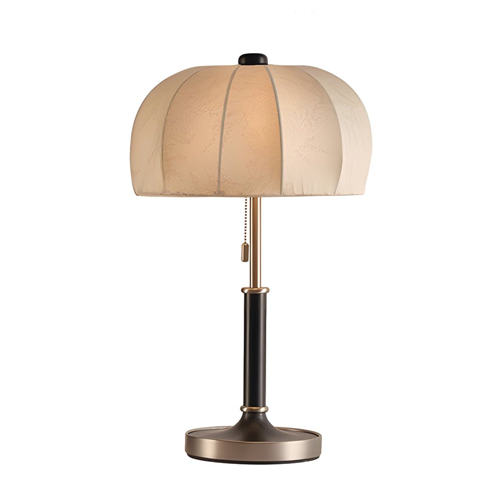 Vintage Brass Dome Pull Chain Fabric Table Lamp - Retro Lighting Fixture