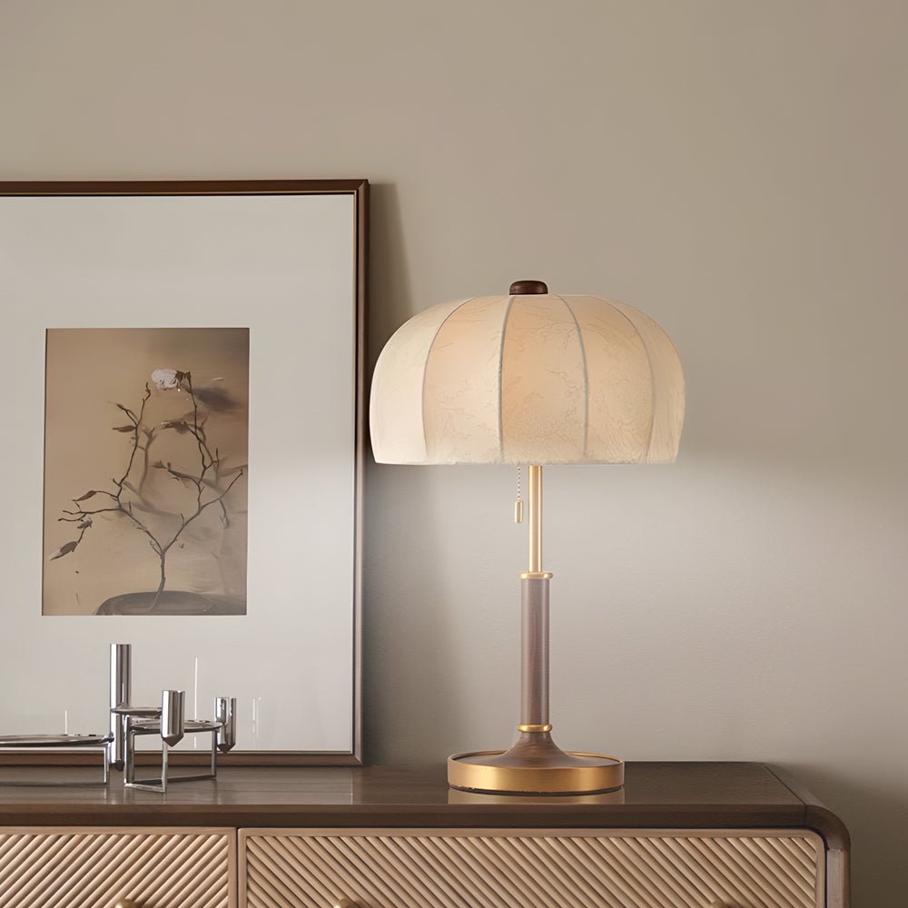 Vintage Brass Dome Pull Chain Fabric Table Lamp - Retro Lighting Fixture