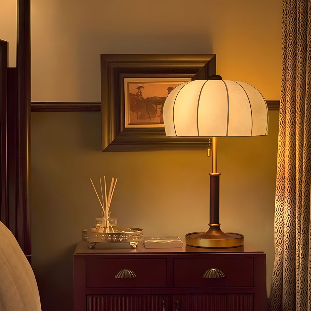 Vintage Brass Dome Pull Chain Fabric Table Lamp - Retro Lighting Fixture
