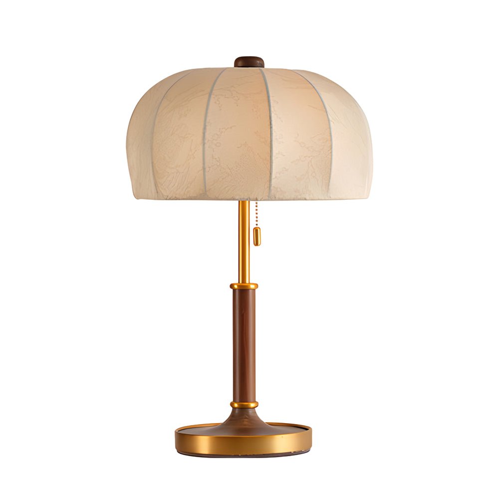 Vintage Brass Dome Pull Chain Fabric Table Lamp - Retro Lighting Fixture