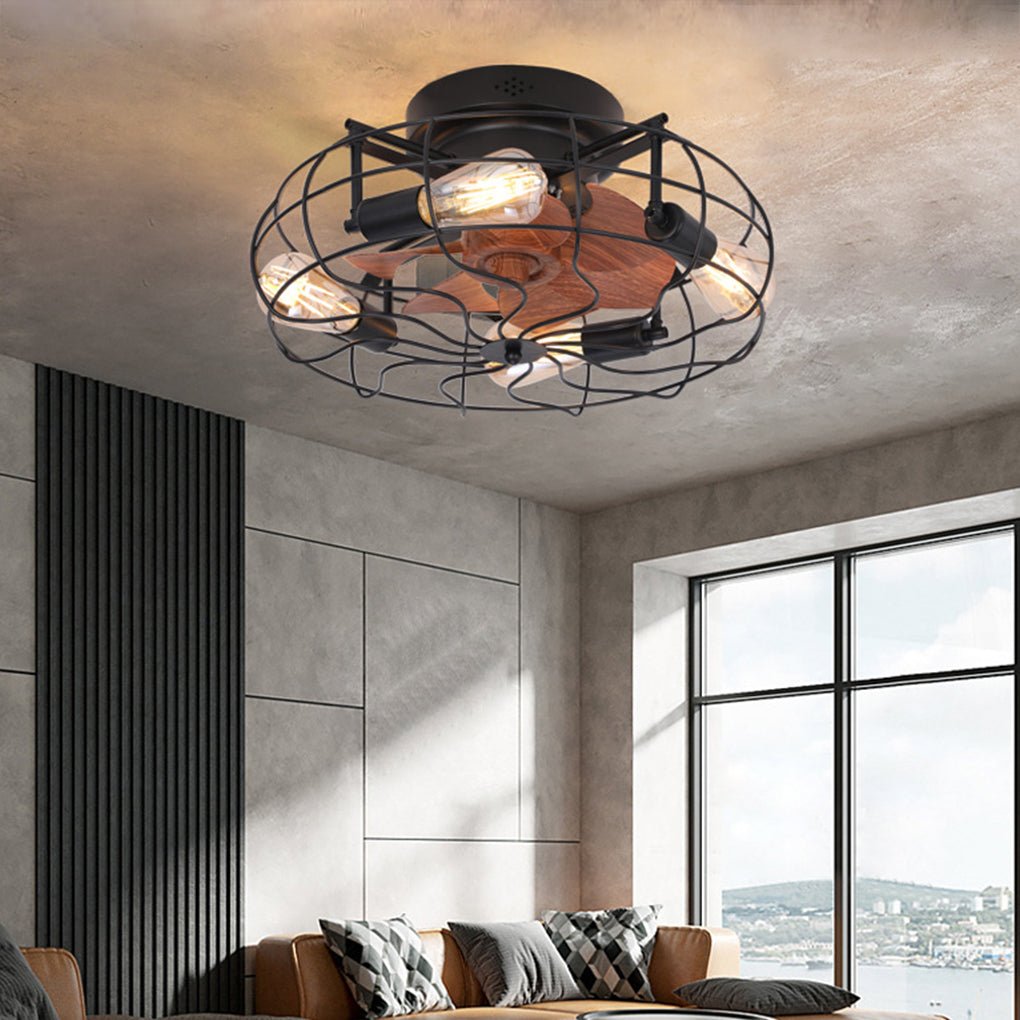 Retro Cage Industrial Ceiling Fan Lamp with Remote Control and Three Speed Regulation