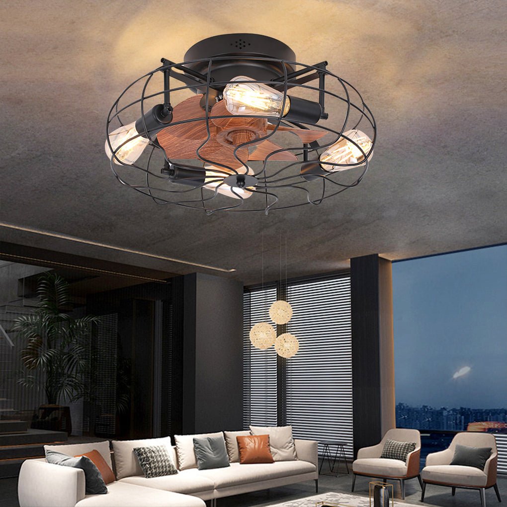 Retro Cage Industrial Ceiling Fan Lamp with Remote Control and Three Speed Regulation
