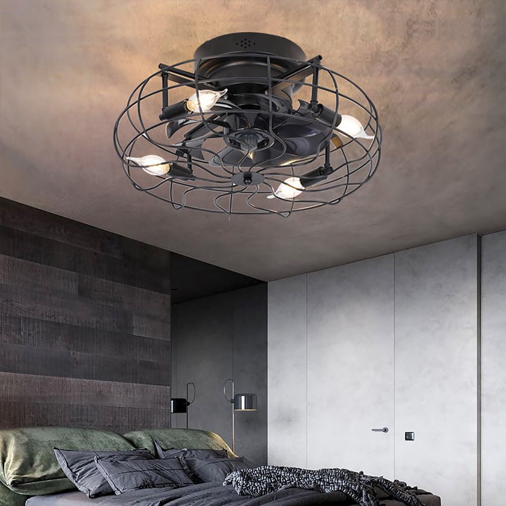 Retro Cage Industrial Ceiling Fan Lamp with Remote Control and Three Speed Regulation