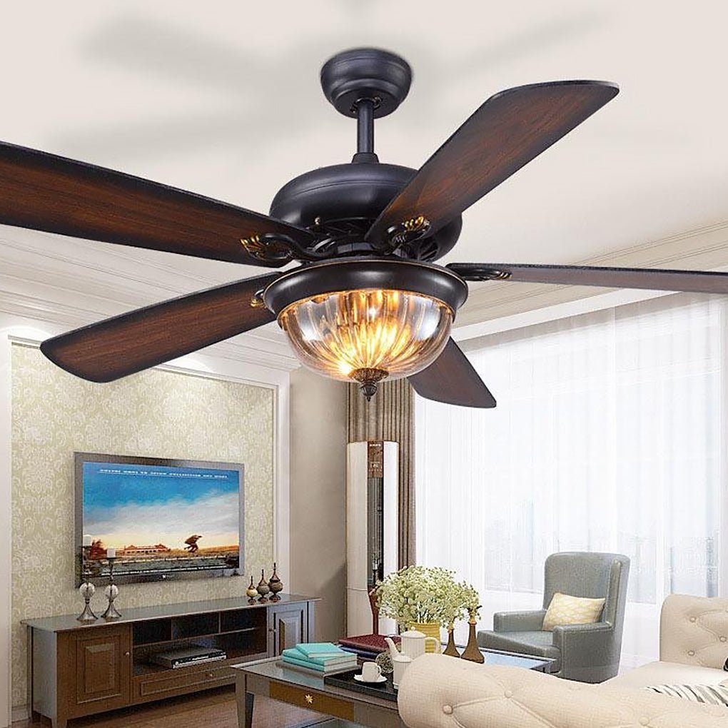 Retro Ceiling Fan Light Country Style Metal Brown Blades