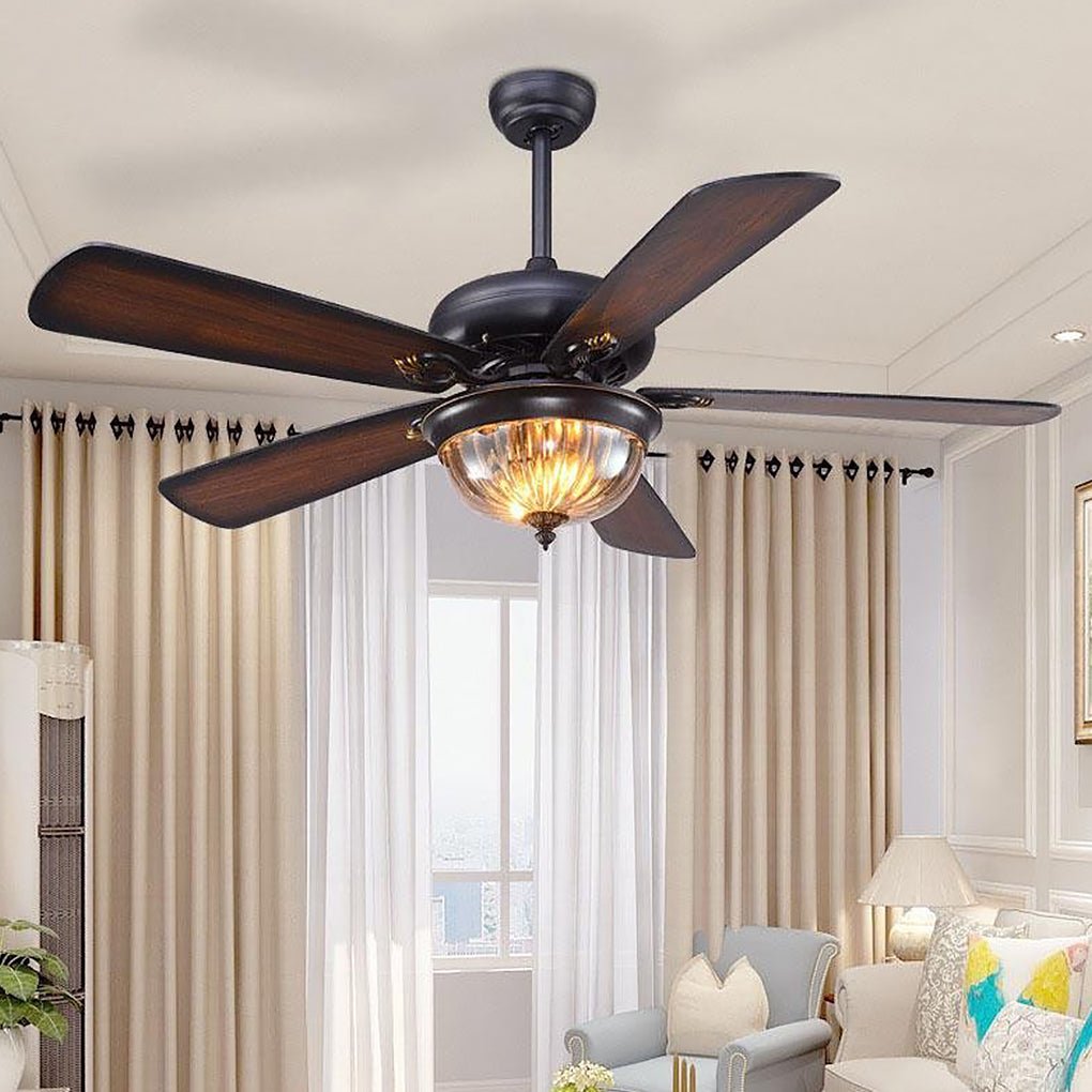 Retro Ceiling Fan Light Country Style Metal Brown Blades