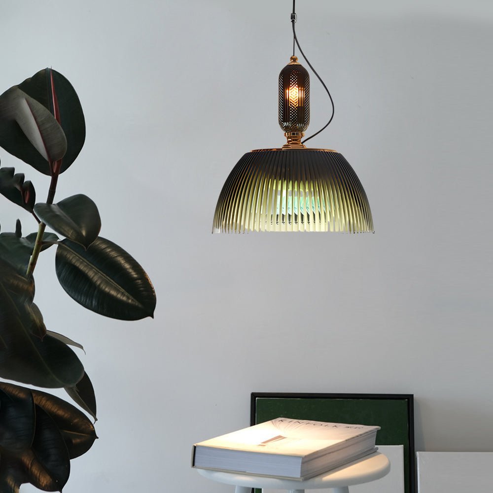 Retro Glass Pendant Light - Dark Green Striped Nordic Fixture, Vintage Ceiling Lighting, Mid-Century Design, Home Decor, Art Deco Style