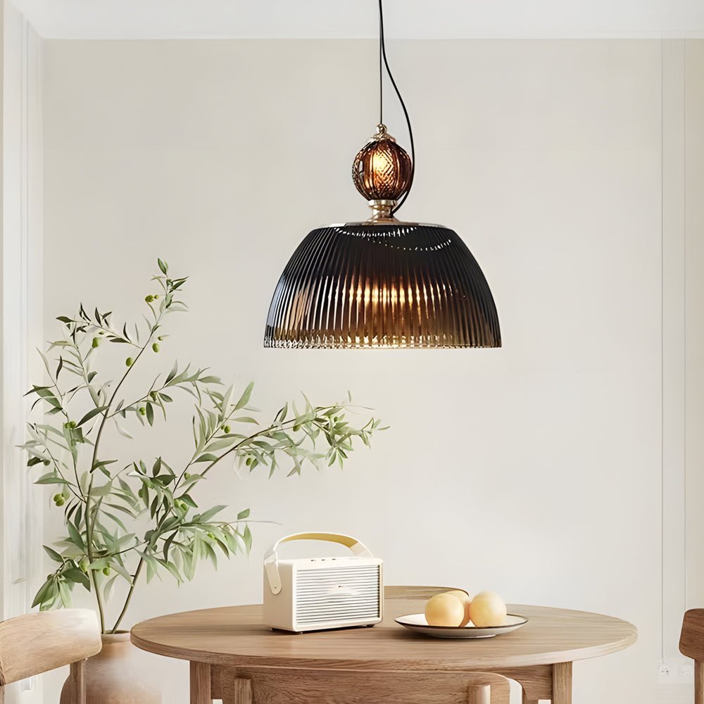 Retro Glass Pendant Light - Dark Green Striped Nordic Fixture, Vintage Ceiling Lighting, Mid-Century Design, Home Decor, Art Deco Style