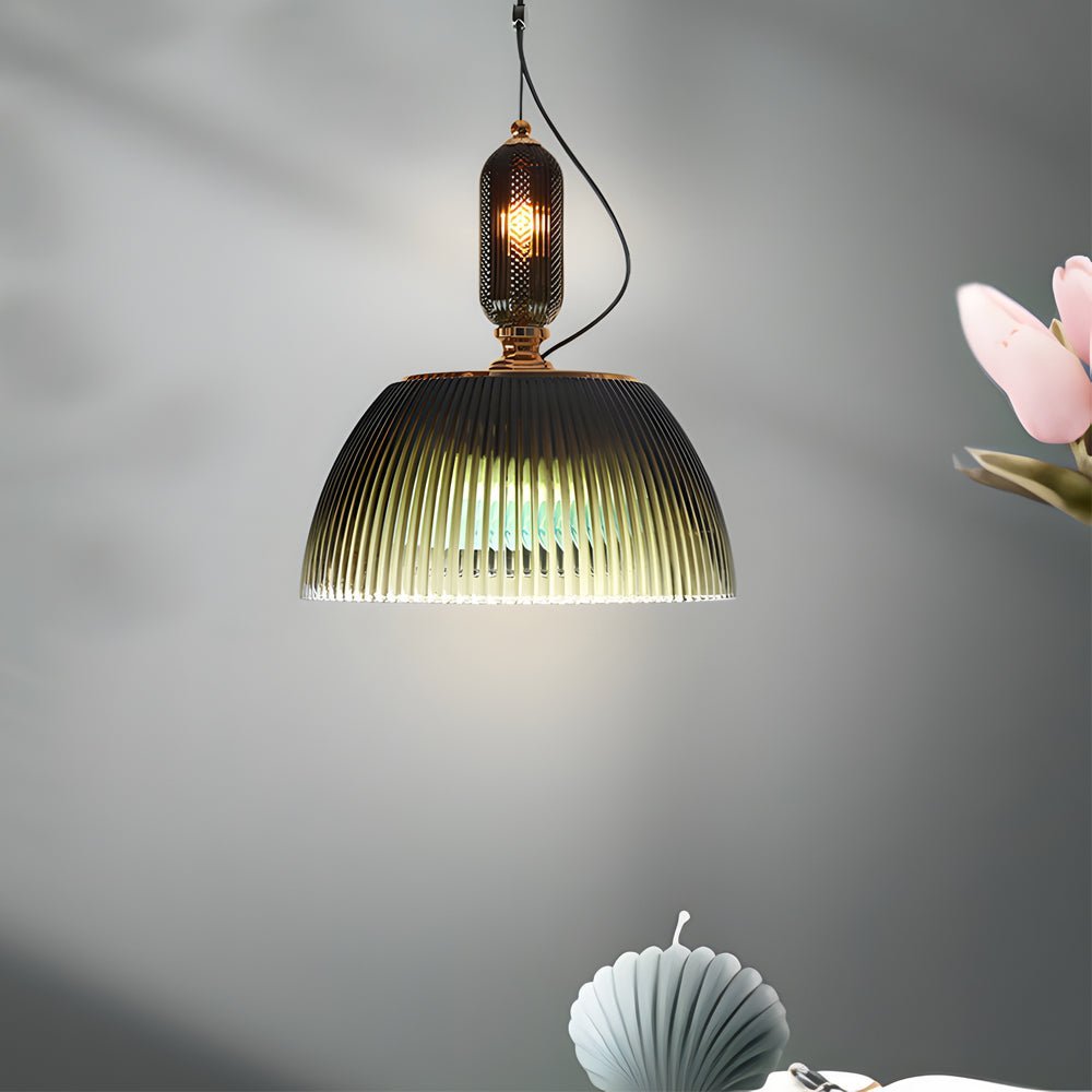 Retro Glass Pendant Light - Dark Green Striped Nordic Fixture, Vintage Ceiling Lighting, Mid-Century Design, Home Decor, Art Deco Style