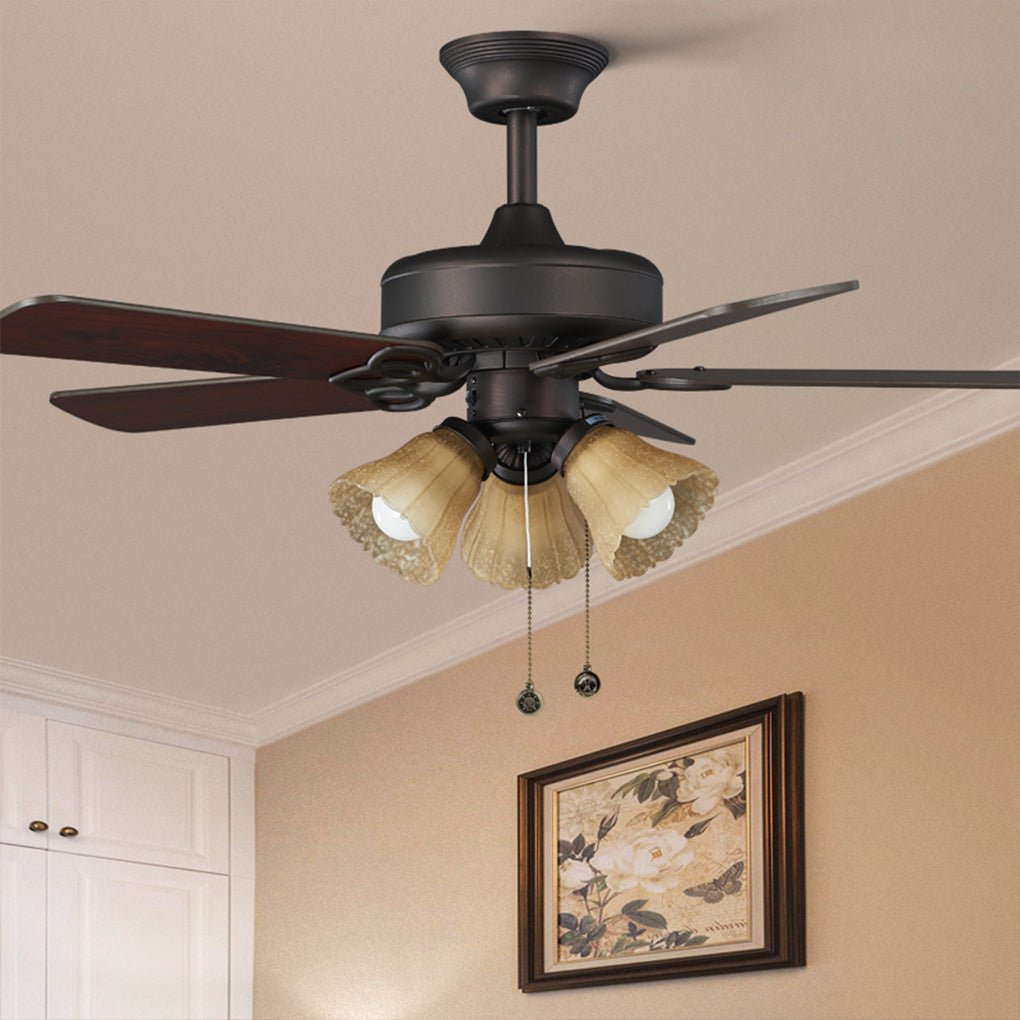 Retro Pastoral Ceiling Fan Lamp, Heat Resistant Wood Blades, Noiseless Design, Vintage Home Decor