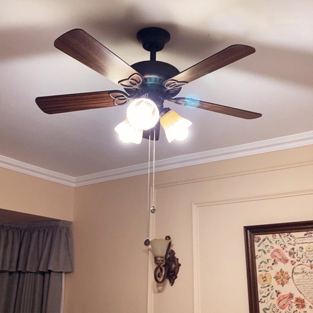 Retro Pastoral Ceiling Fan Lamp, Heat Resistant Wood Blades, Noiseless Design, Vintage Home Decor