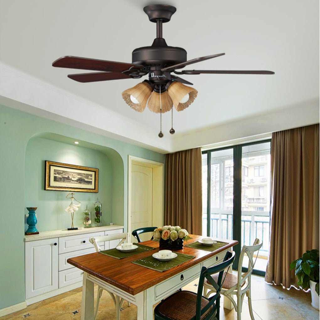 Retro Pastoral Ceiling Fan Lamp, Heat Resistant Wood Blades, Noiseless Design, Vintage Home Decor
