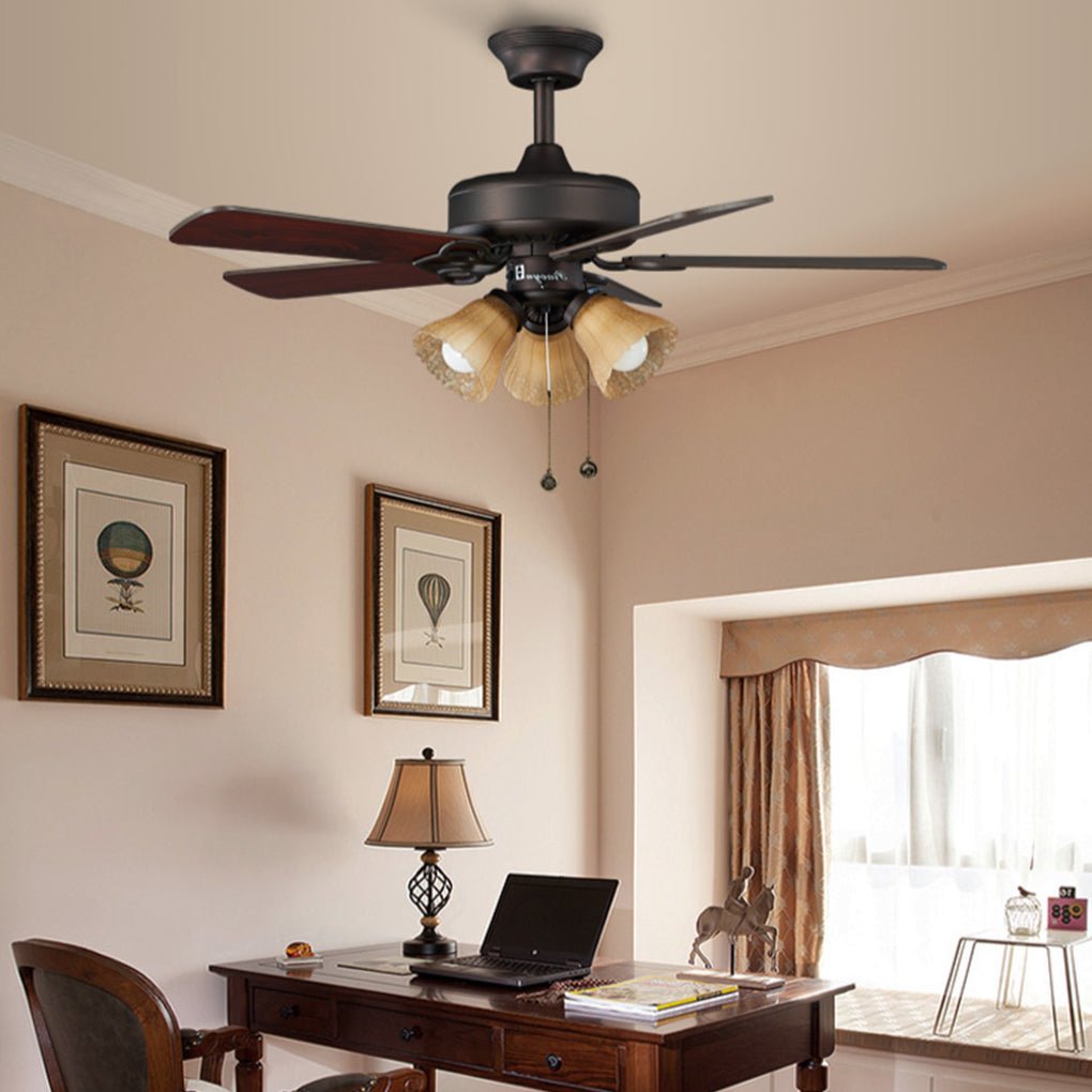 Retro Pastoral Ceiling Fan Lamp, Heat Resistant Wood Blades, Noiseless Design, Vintage Home Decor