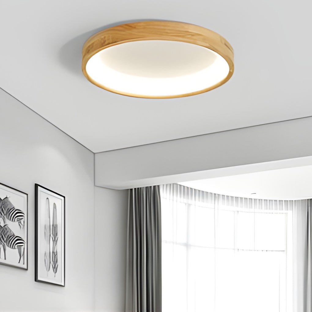 Round Dimmable LED Wooden Nordic Ceiling Light Fixture Flush Mount Lamp