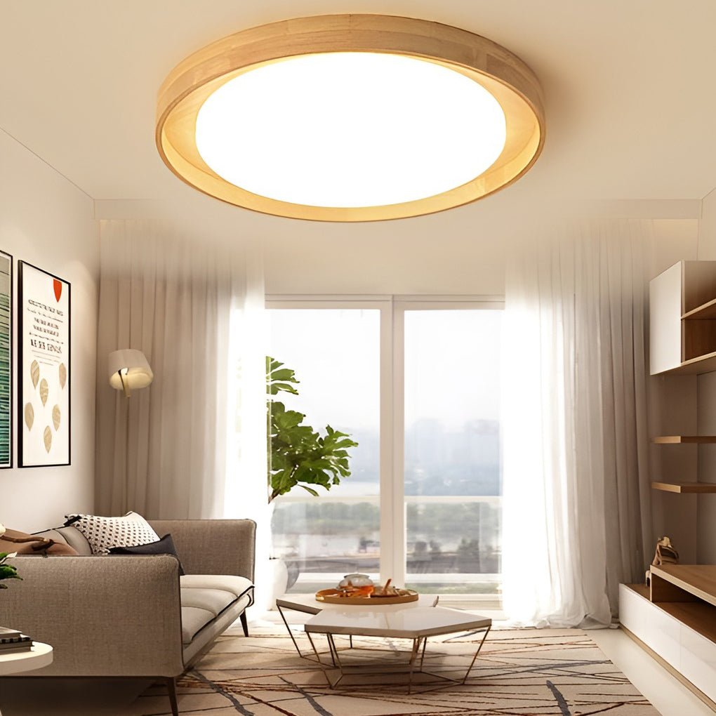 Round Dimmable LED Wooden Nordic Ceiling Light Fixture Flush Mount Lamp