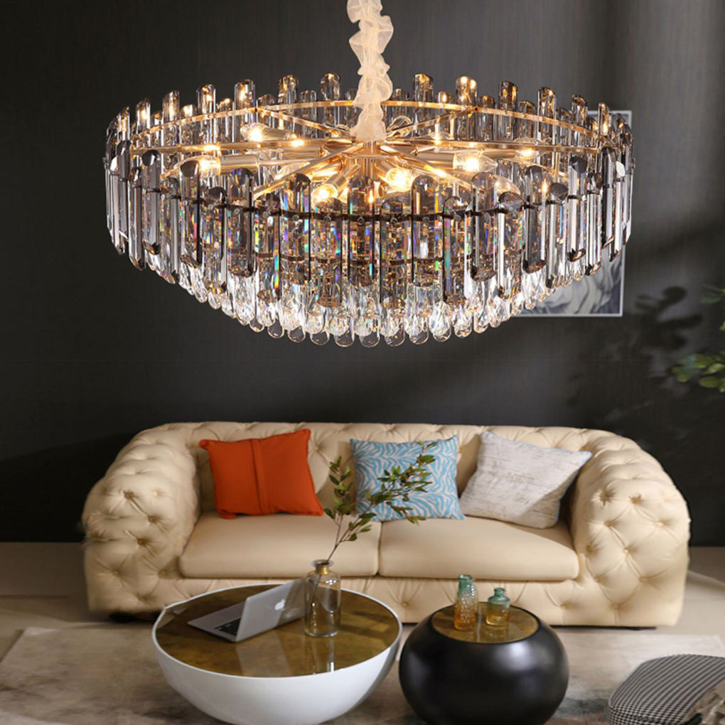 Round Drum Crystal Chandelier - Modern Metal Ceiling Light