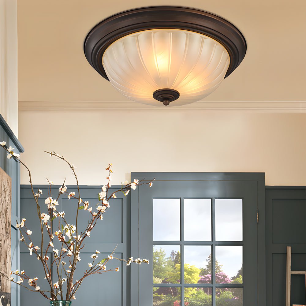 Round Glass Shade Iron Ceiling Light Fixture - Simple American Style Bedroom Light