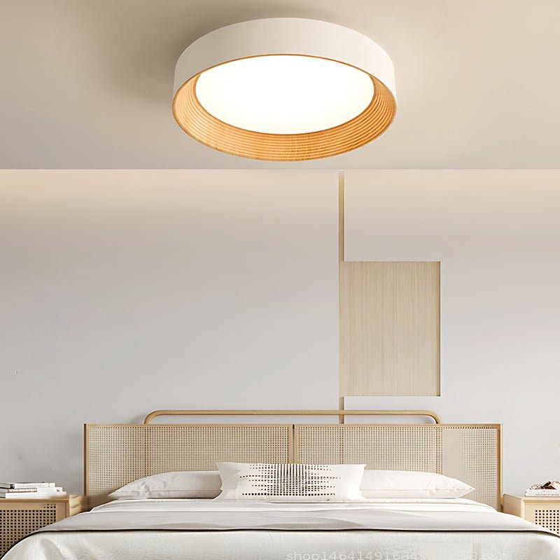 Round Iron Three Step Dimming LED Ceiling Light - Modern Wood Texture Fixture