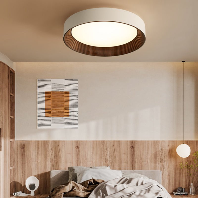 Round Iron Three Step Dimming LED Ceiling Light - Modern Wood Texture Fixture