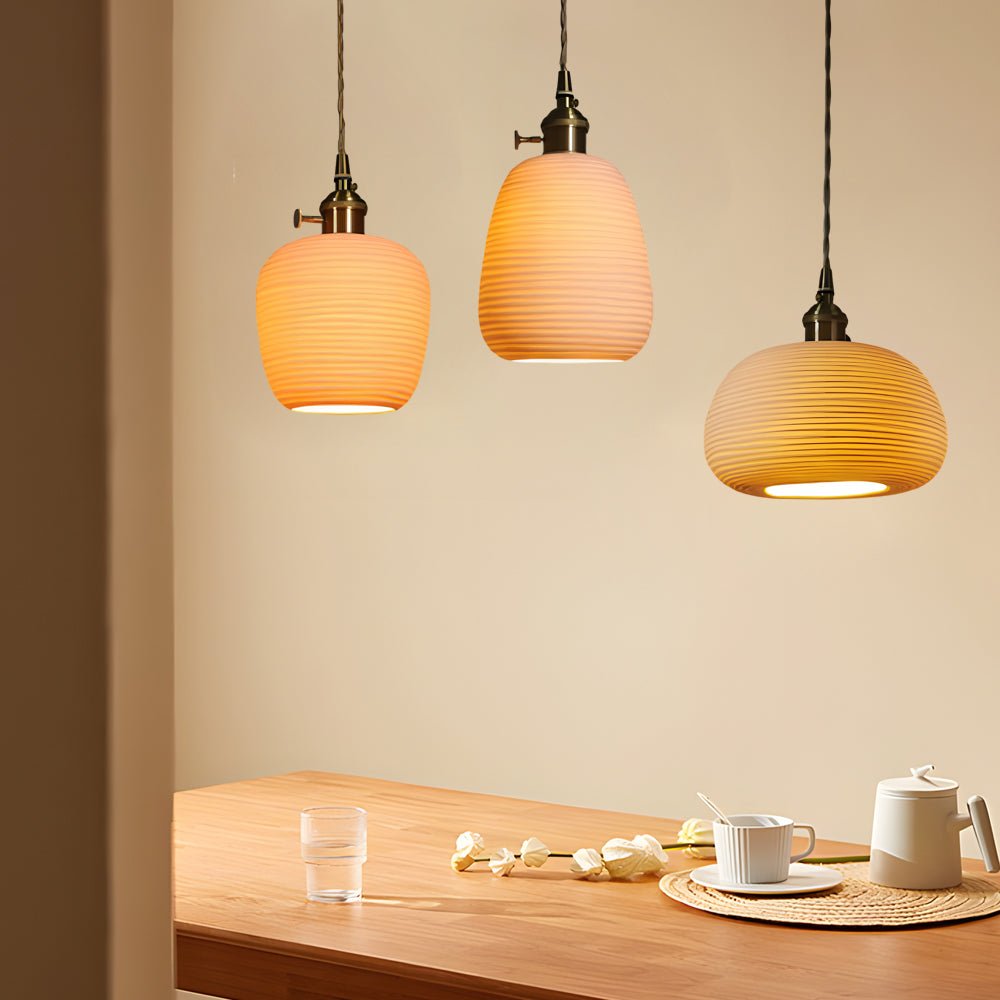 Round Striped Handmade Ceramic Brass Chandelier - Japanese Style Lighting
