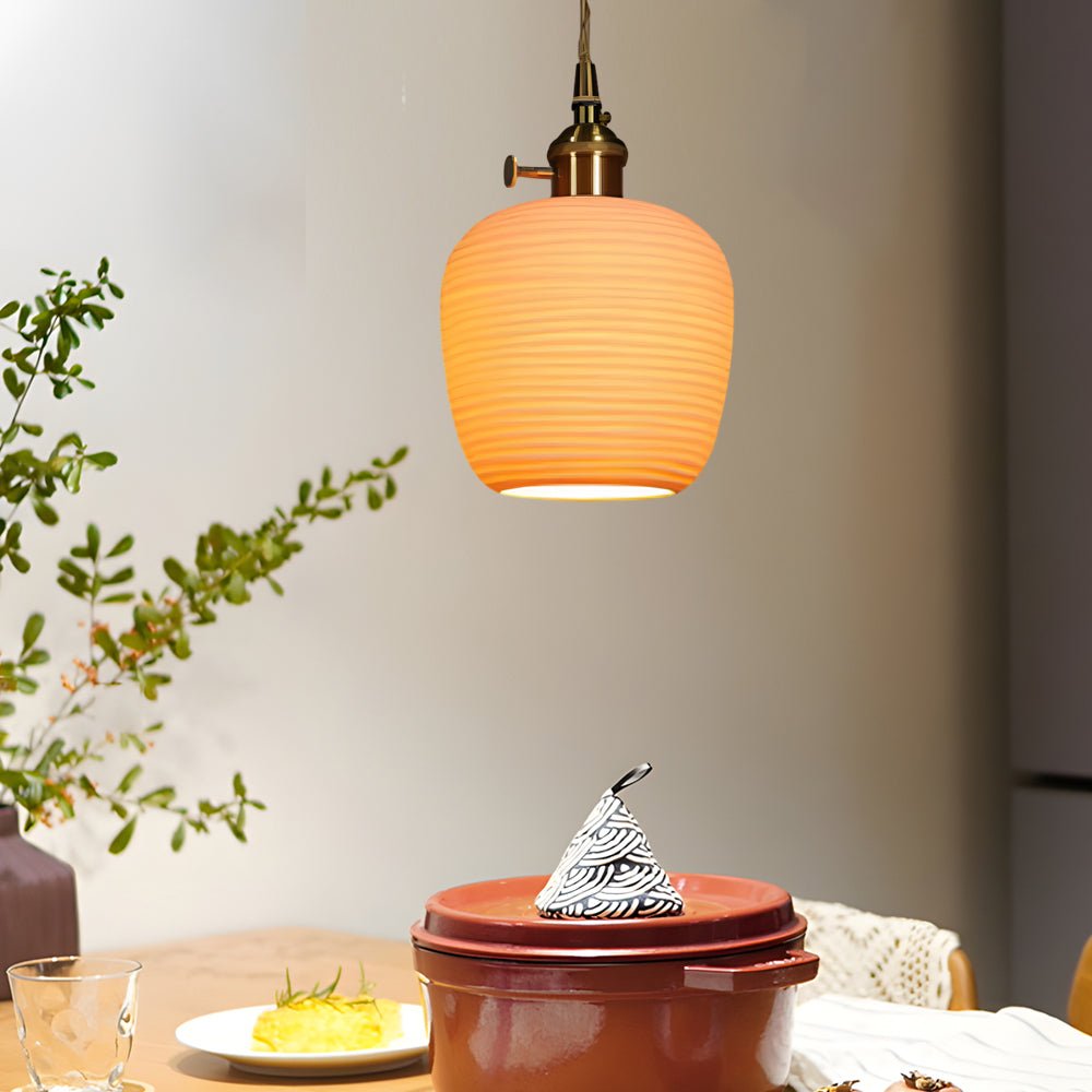 Round Striped Handmade Ceramic Brass Chandelier - Japanese Style Lighting