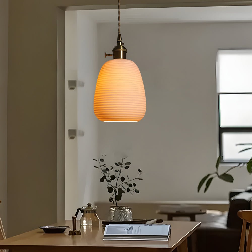 Round Striped Handmade Ceramic Brass Chandelier - Japanese Style Lighting