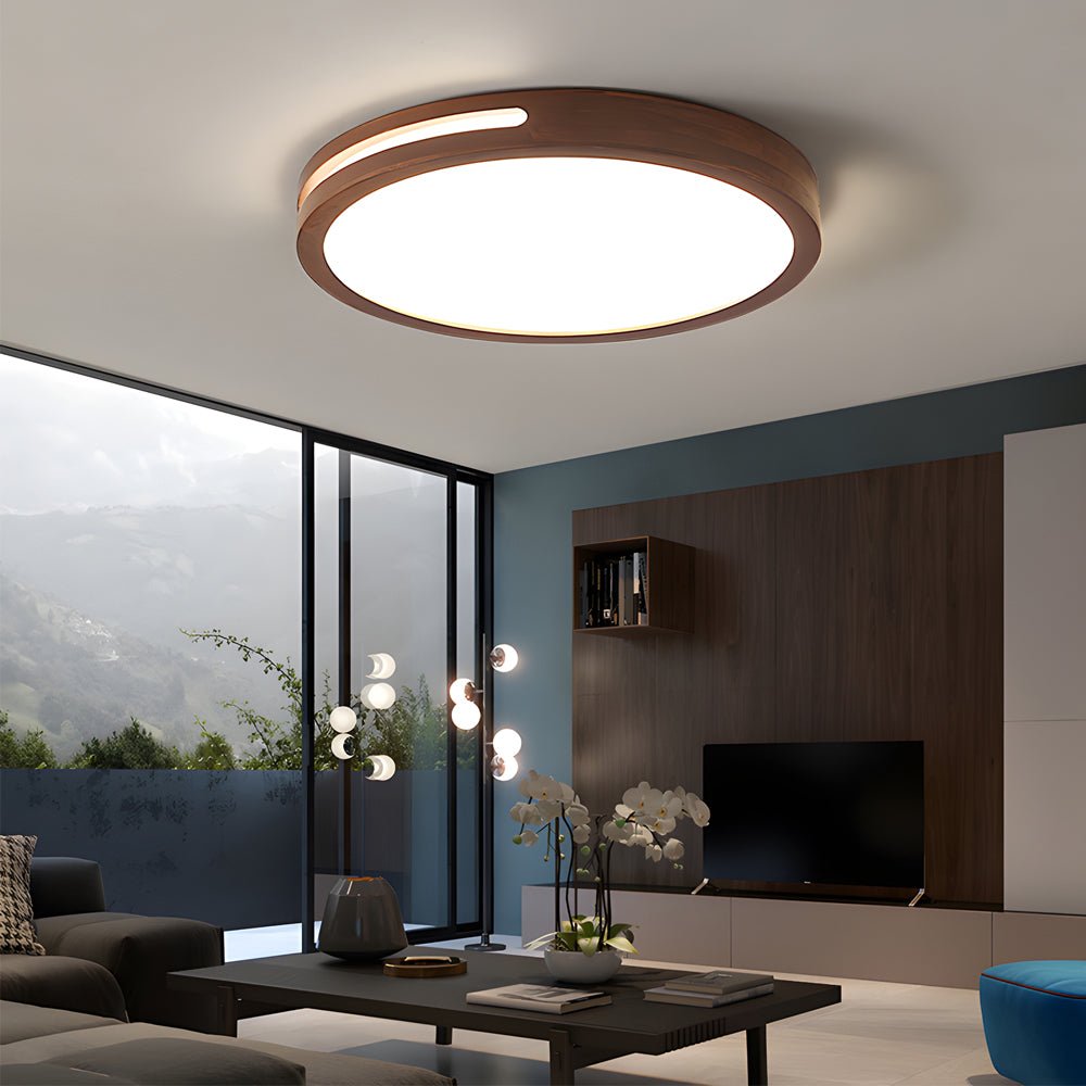 Round Wood Dimmable Ceiling Light Fixture with Remote - 3 Step Dimming Retro Style