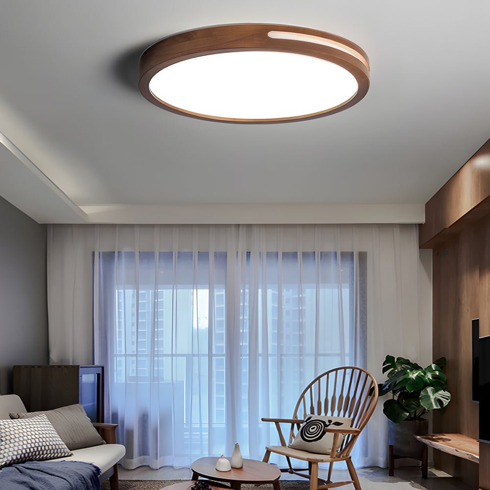 Round Wood Dimmable Ceiling Light Fixture with Remote - 3 Step Dimming Retro Style