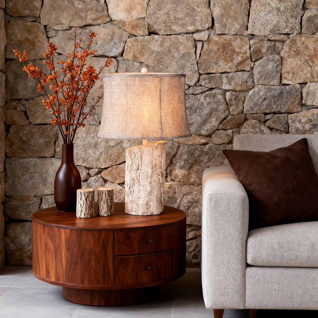 White Wood Table Lamp with Bark Fabric Shade - Ambient Lighting for Home Decor