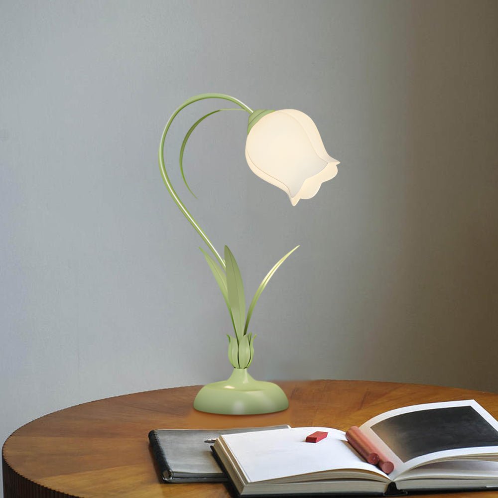 Rustic Green Desk Lamp with Floral Shade and 3-Step Dimming for Home Office