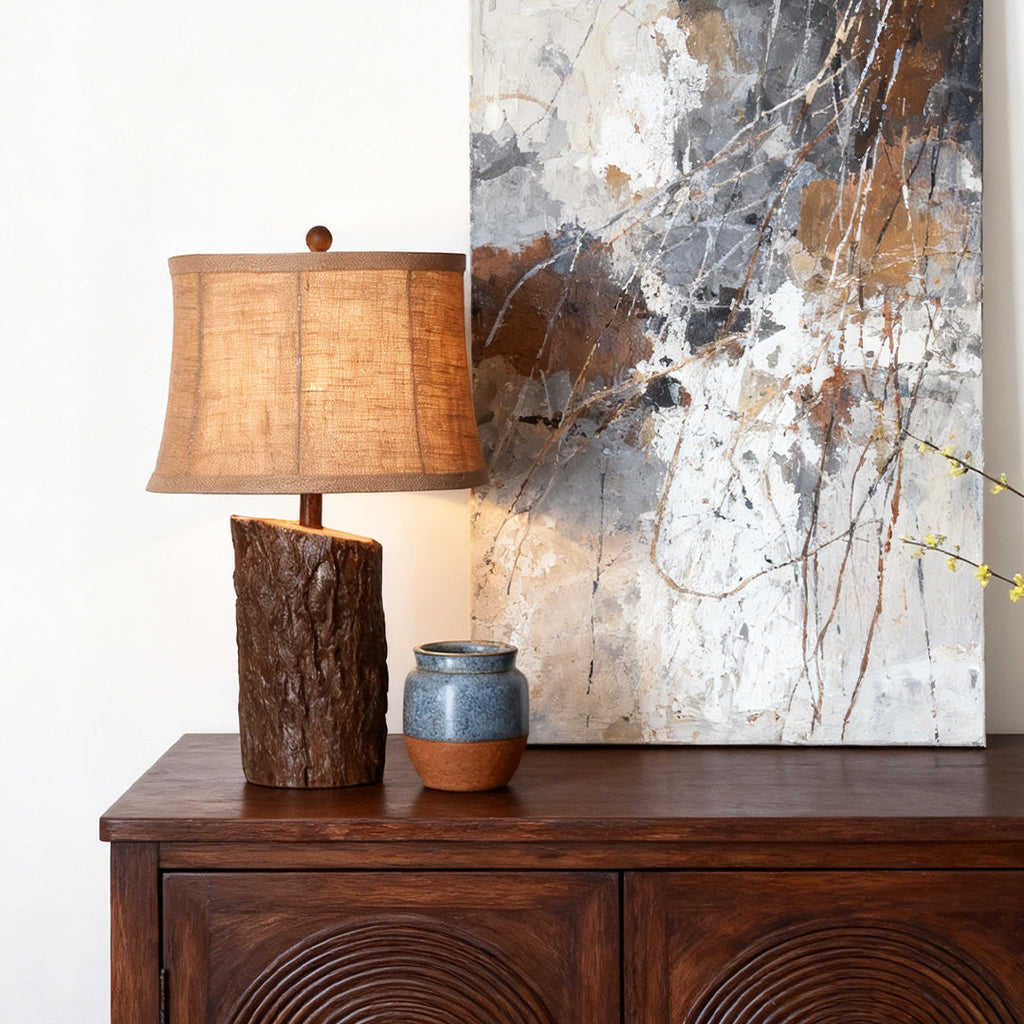Faux Wood Table Lamp with Bark-Textured Fabric Shade - Rustic Nightstand Lighting