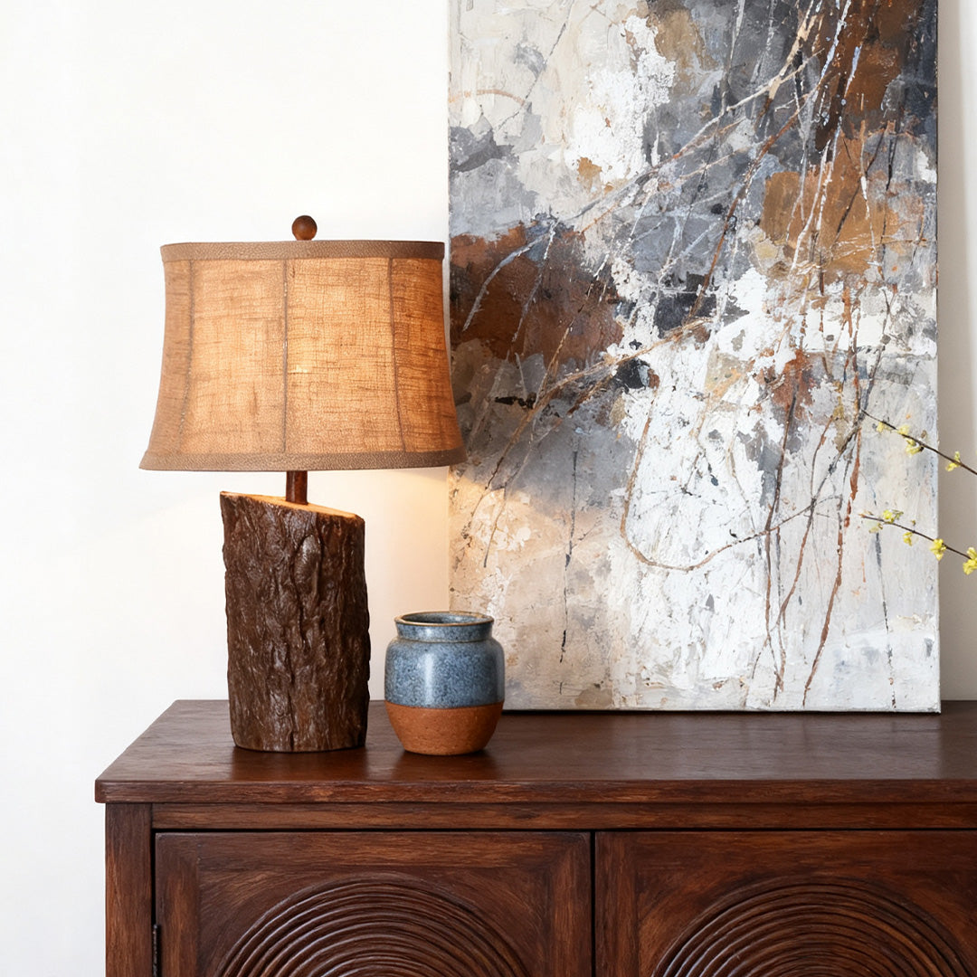 Faux Wood Table Lamp with Bark-Textured Fabric Shade - Rustic Nightstand Lighting